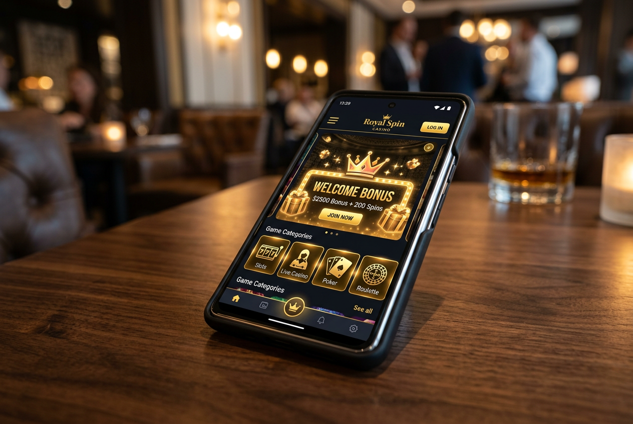 A modern smartphone displaying a luxury casino application with golden bonus cards.