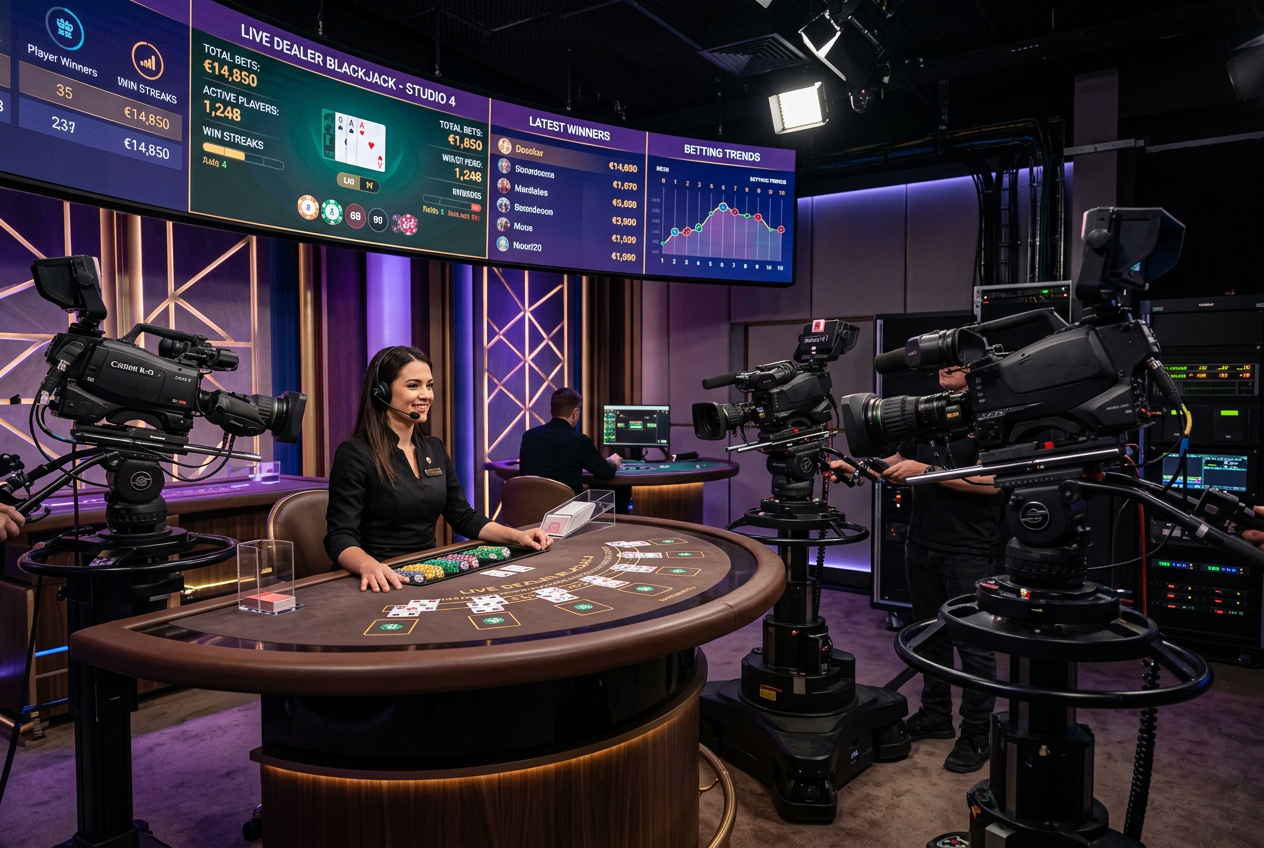 A modern and professional live casino studio with high-definition cameras and luxury gaming equipment.